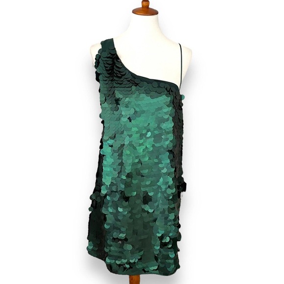 Anthropologie Dresses & Skirts - Anthropologie Maeve Emerald Green Disc Sequin One-Shoulder Mini Dress Size Large
